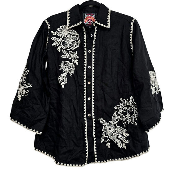 Johnny Was Addison Kimono Sleeve Shirt Black Floral Embroidered Linen Tunic XS - Picture 2 of 16